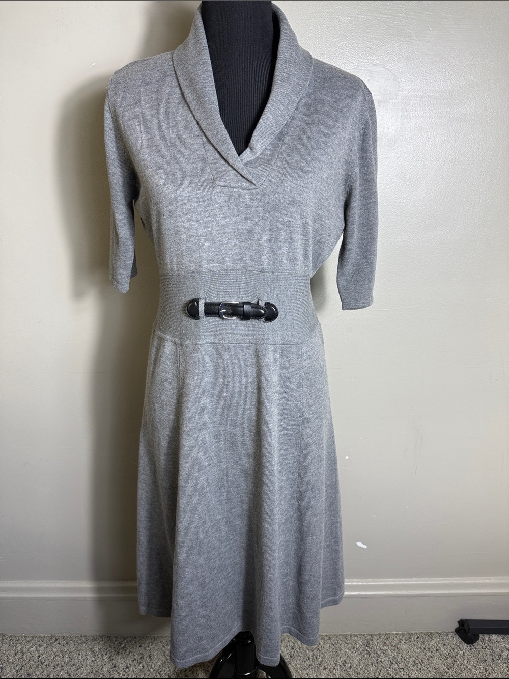 Calvin Klein Grey Knit Sweater Shawl Collar Surplice Neck Dress Belt Accent Sz L